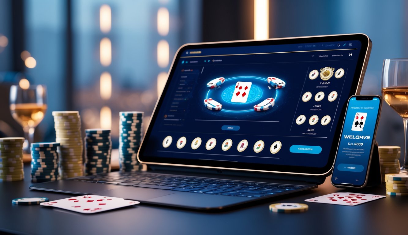 Sebuah perangkat digital menampilkan permainan baccarat online dengan kartu dan chip, dikelilingi oleh elemen permainan dan notifikasi bonus selamat datang.