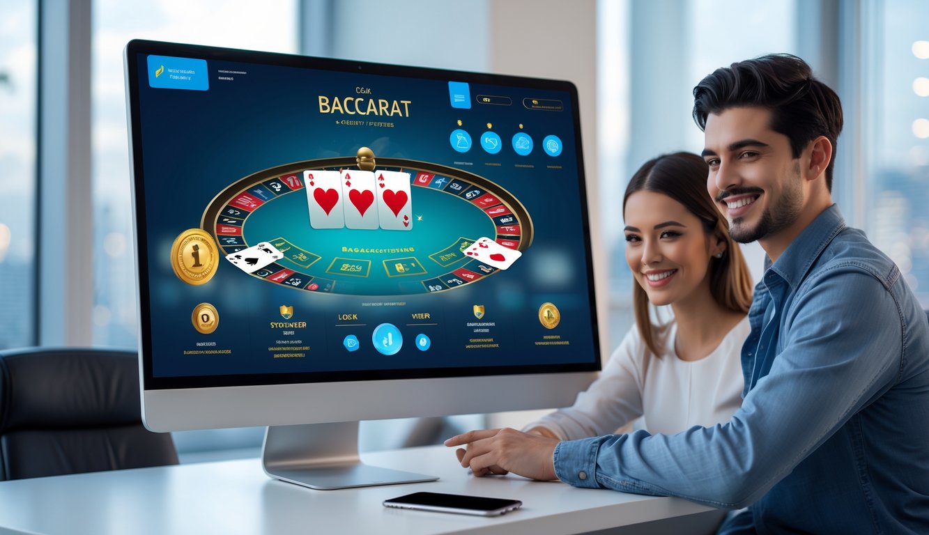 Dua orang muda menggunakan komputer dan ponsel yang menampilkan permainan baccarat online di meja kerja yang rapi dalam ruangan terang.