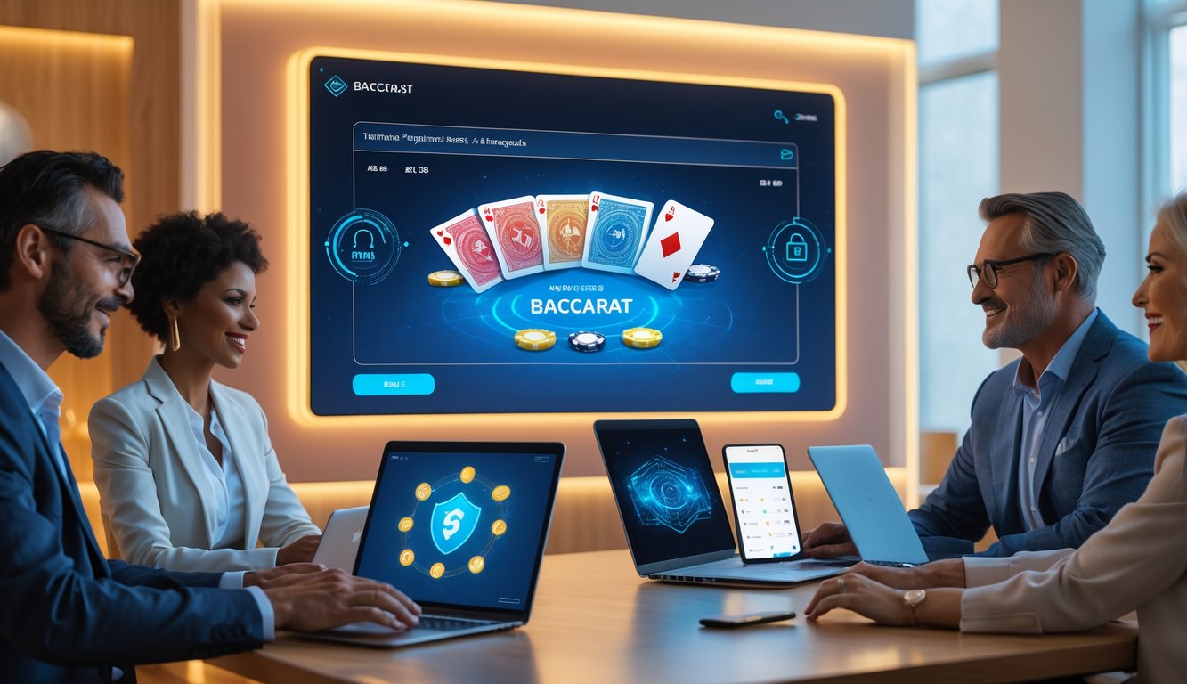 Sekelompok orang menggunakan perangkat digital untuk bermain baccarat online di lingkungan yang modern dan aman.
