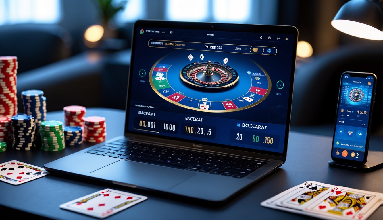 Sebuah laptop di meja modern menampilkan permainan baccarat online dengan chip poker dan kartu bermain di sekitarnya.