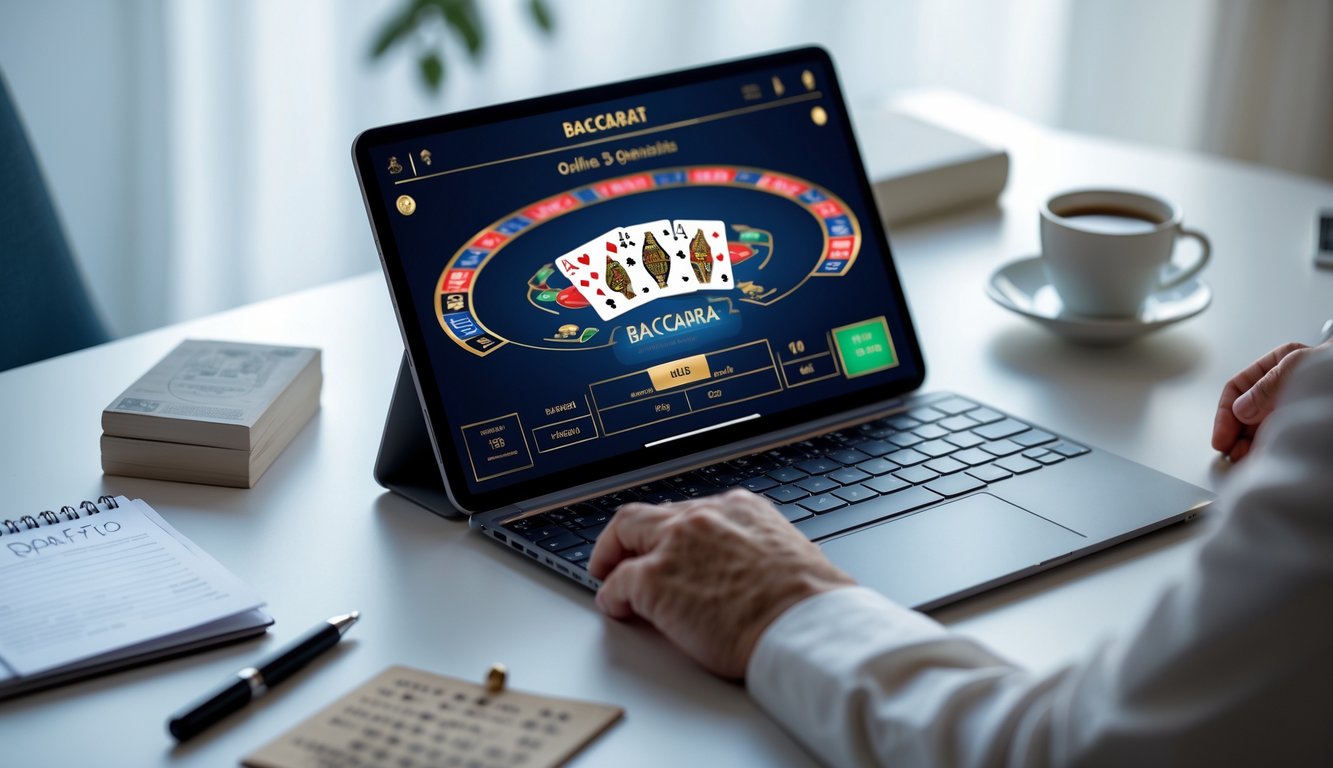 Seorang pengguna sedang bermain baccarat online di laptop dengan kartu dan chip di layar, di atas meja dengan catatan dan cangkir kopi.