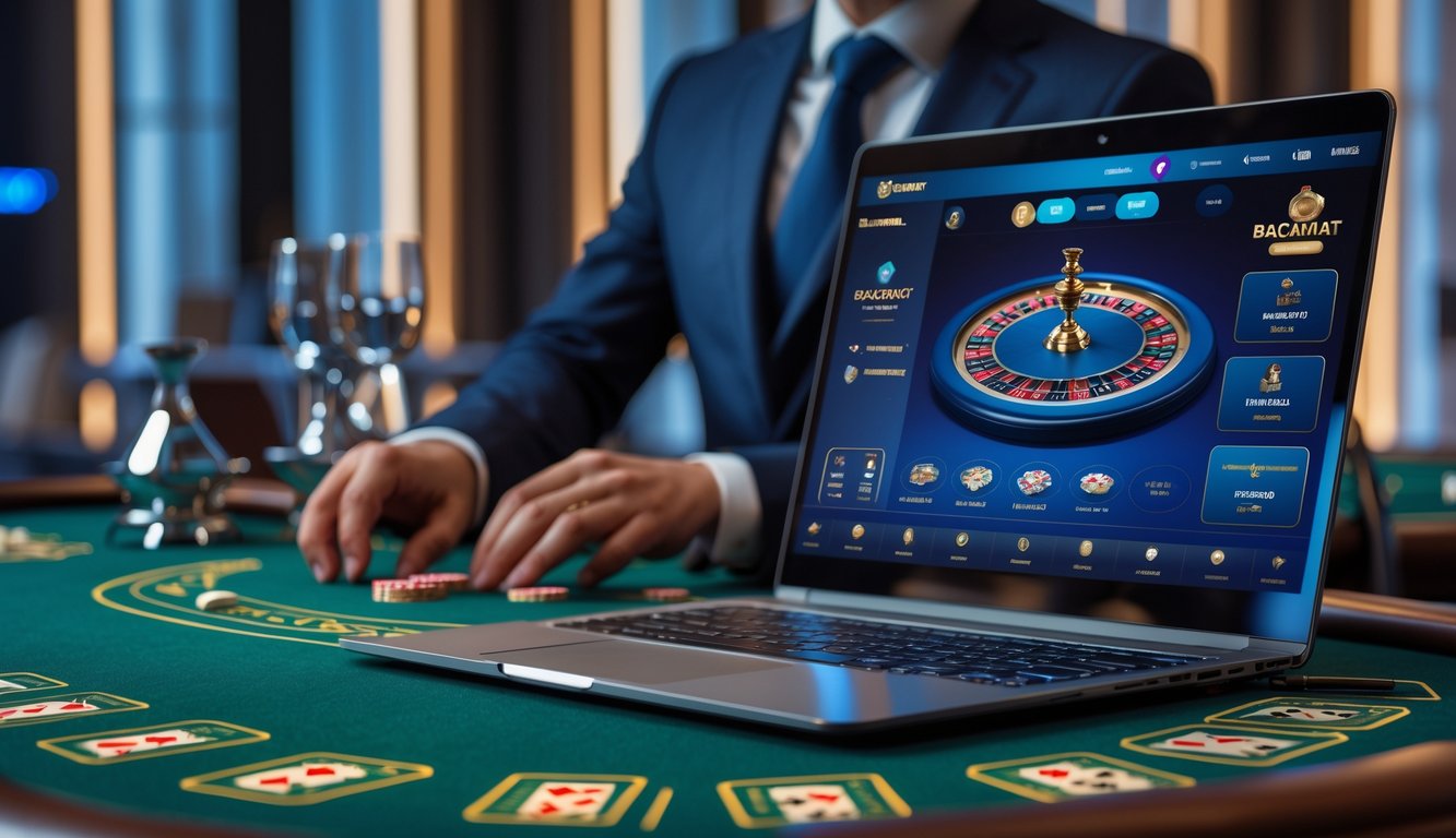 Seorang dealer kartu sedang membagikan kartu di meja baccarat dengan tampilan permainan baccarat online di layar laptop dan ponsel.