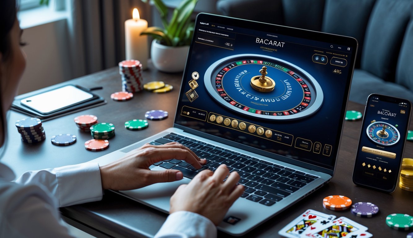 Seseorang menggunakan laptop dengan tampilan permainan baccarat online live casino di layar, dikelilingi oleh chip kasino dan kartu remi di meja kerja.