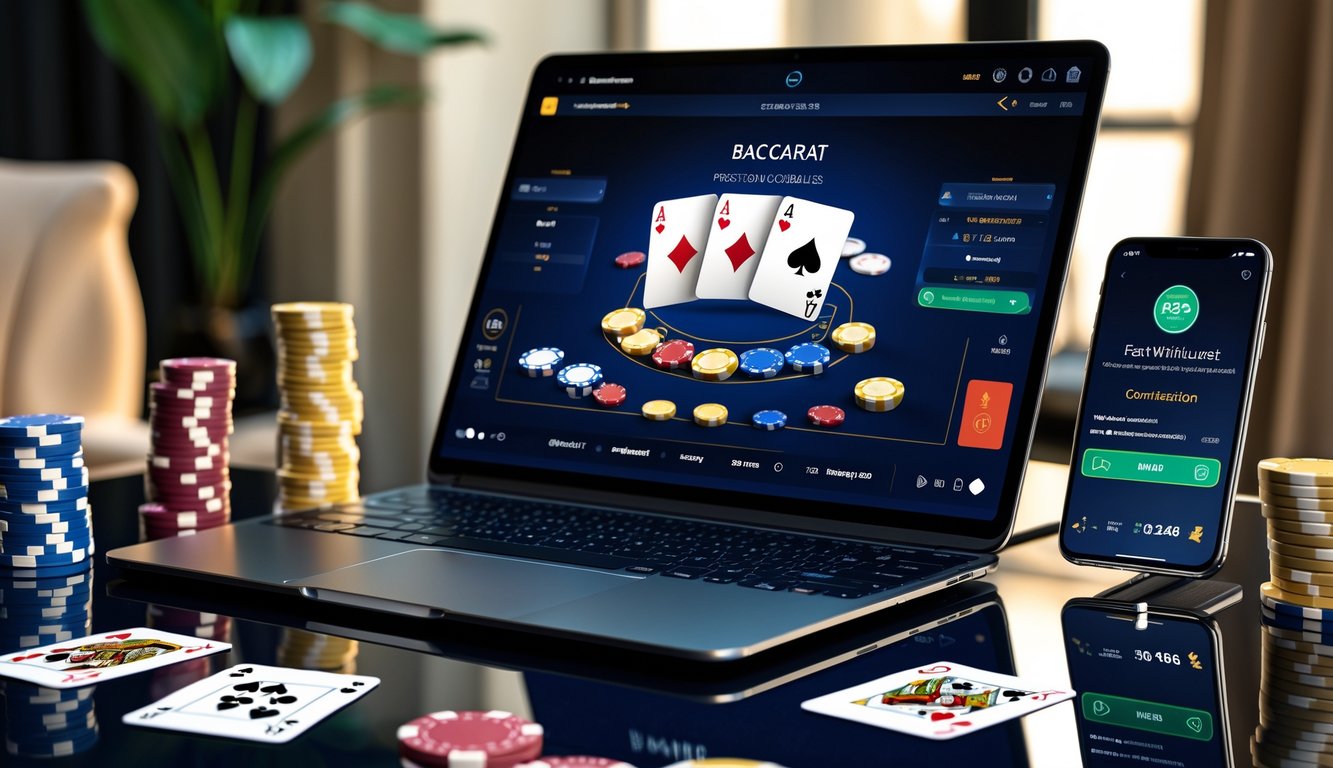 Sebuah perangkat digital menampilkan permainan baccarat dengan kartu dan tumpukan chip poker di sekitar, di meja dalam ruangan yang nyaman.
