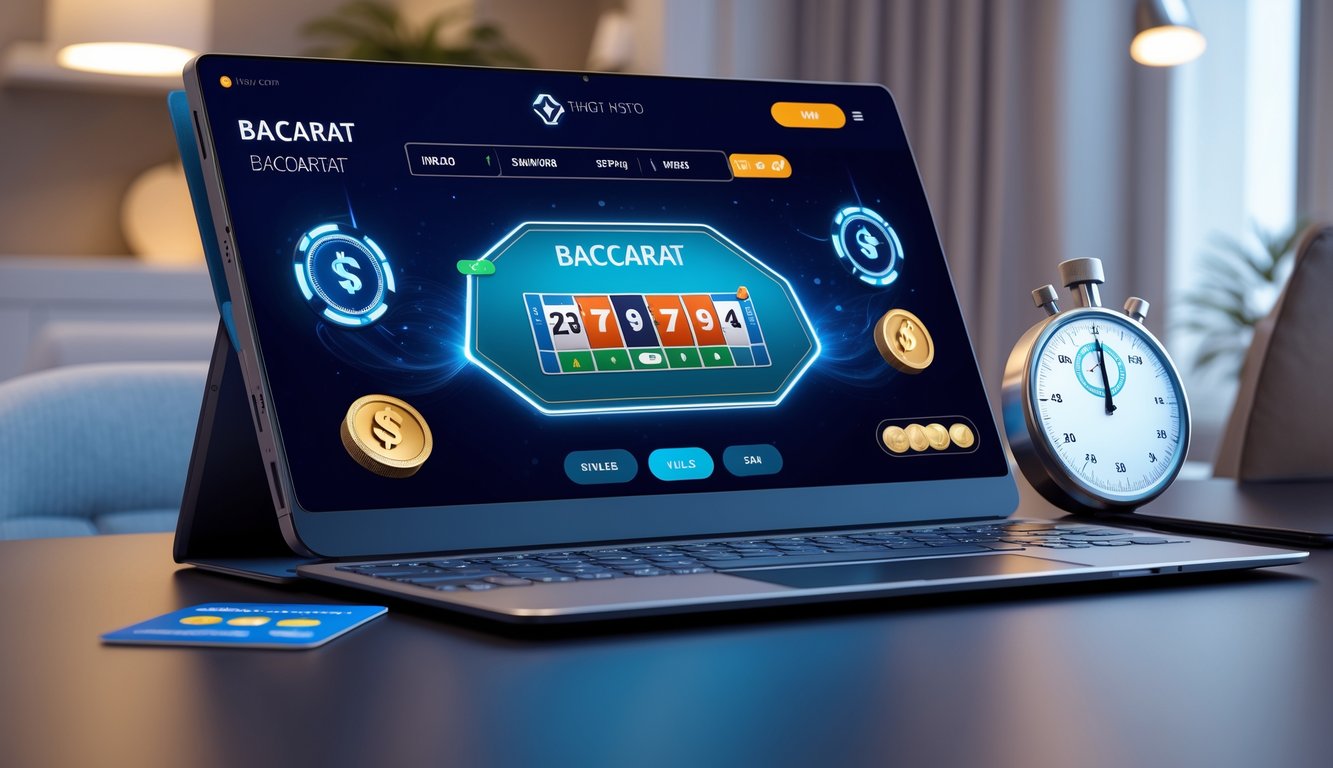 Seorang pengguna sedang bermain permainan baccarat online di laptop dengan latar belakang ruangan yang rapi dan pencahayaan hangat.