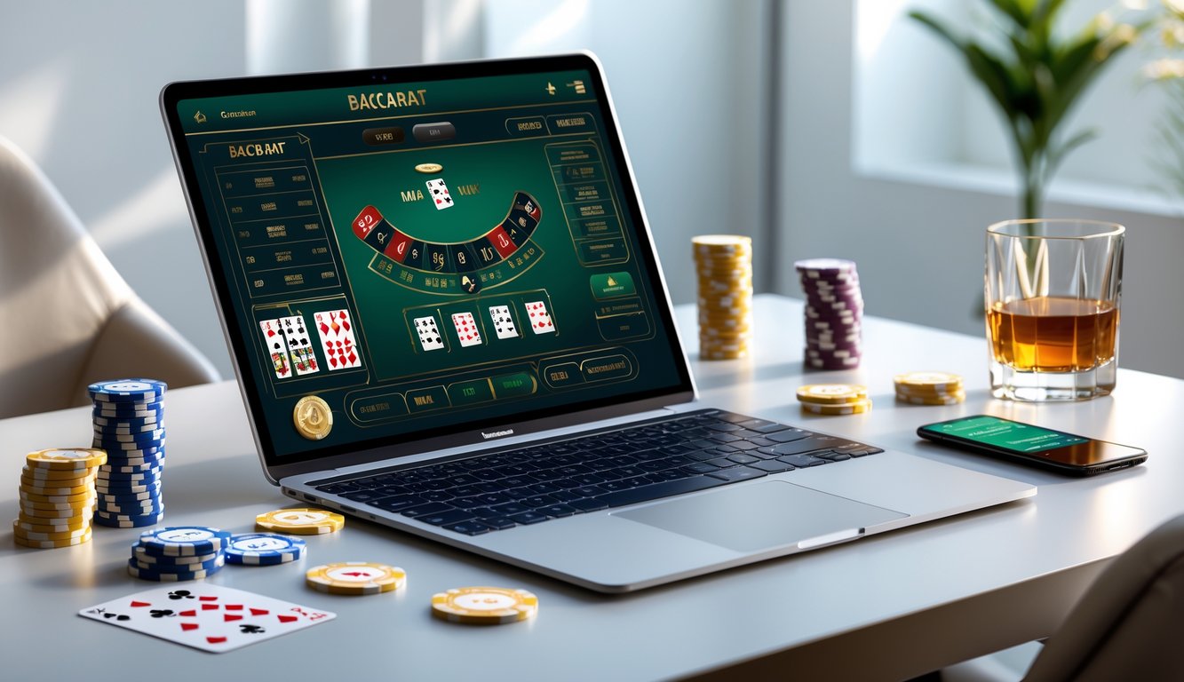 Seorang pengguna sedang bermain baccarat online di laptop dengan chip kasino dan kartu di meja.