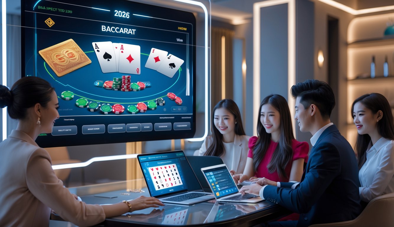 Sekelompok orang muda bermain baccarat online menggunakan perangkat digital di ruangan modern yang terang dan bergaya futuristik.