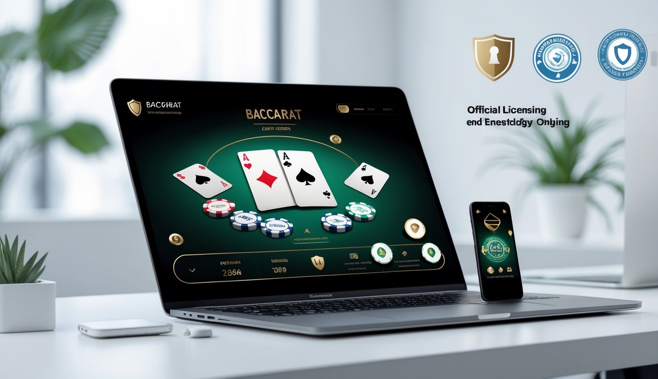 Antarmuka platform baccarat online ditampilkan di laptop dan ponsel di atas meja dengan latar kantor minimalis.