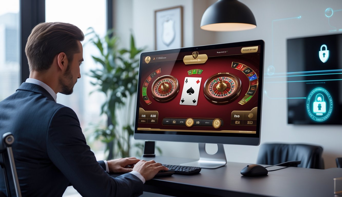 Seseorang menggunakan platform baccarat online di komputer dengan tampilan permainan dan simbol keamanan di latar belakang.