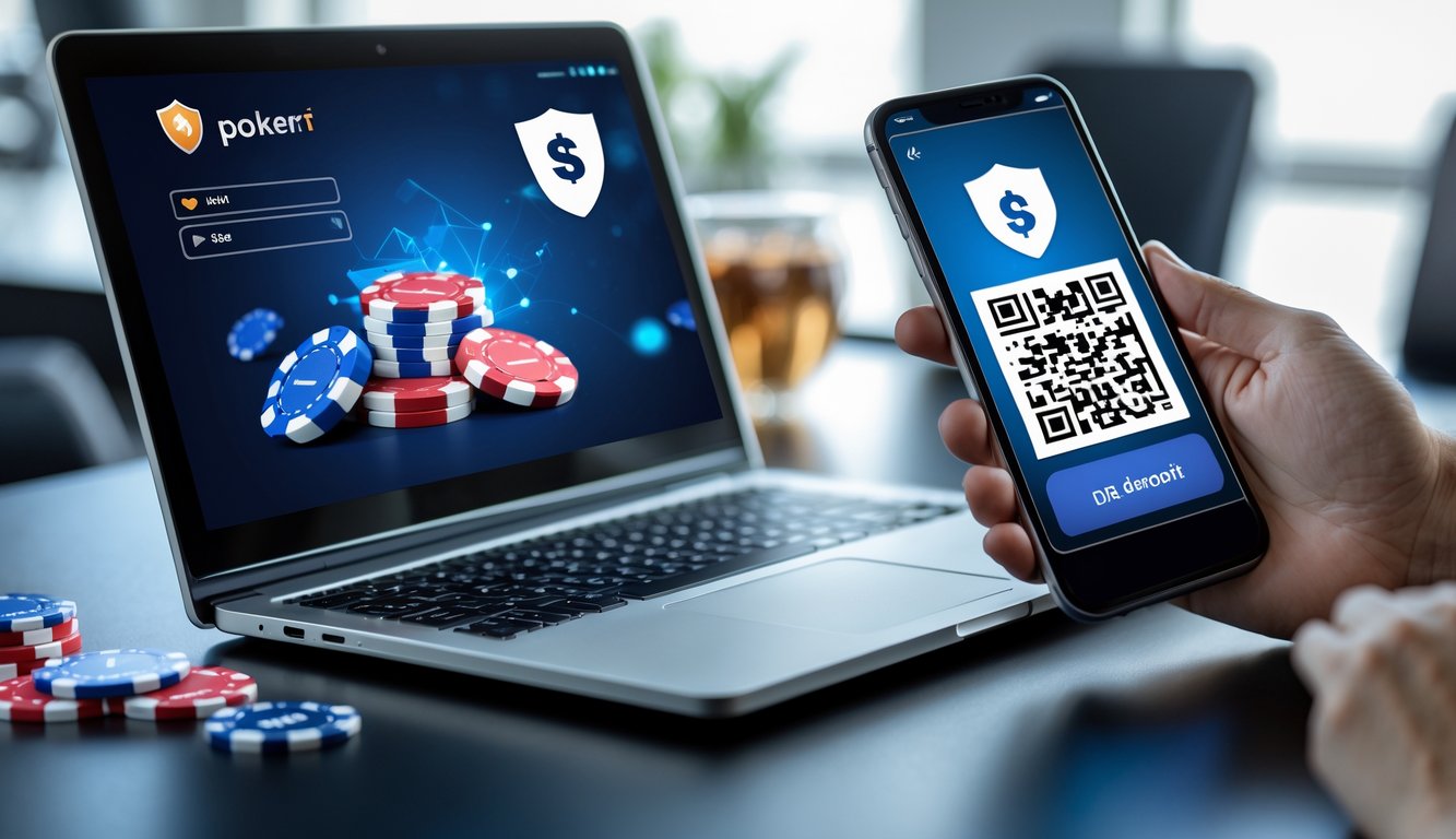 Seseorang menggunakan ponsel untuk memindai kode QR di dekat layar yang menampilkan permainan poker online dengan suasana kerja yang rapi dan terang.