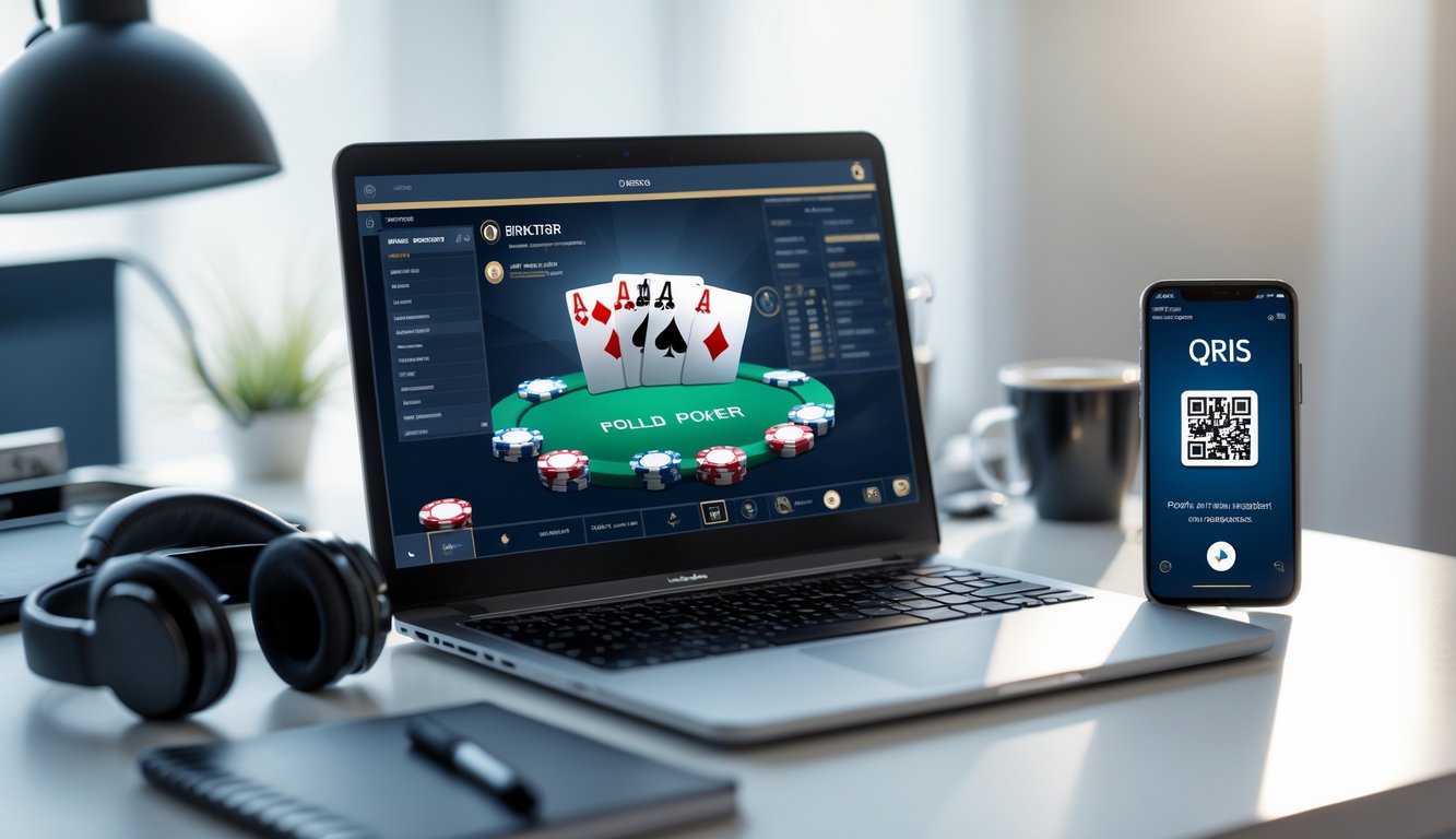 Seorang pengguna bermain poker online di laptop dengan ponsel menampilkan kode QRIS untuk pembayaran digital di meja kerja yang rapi.