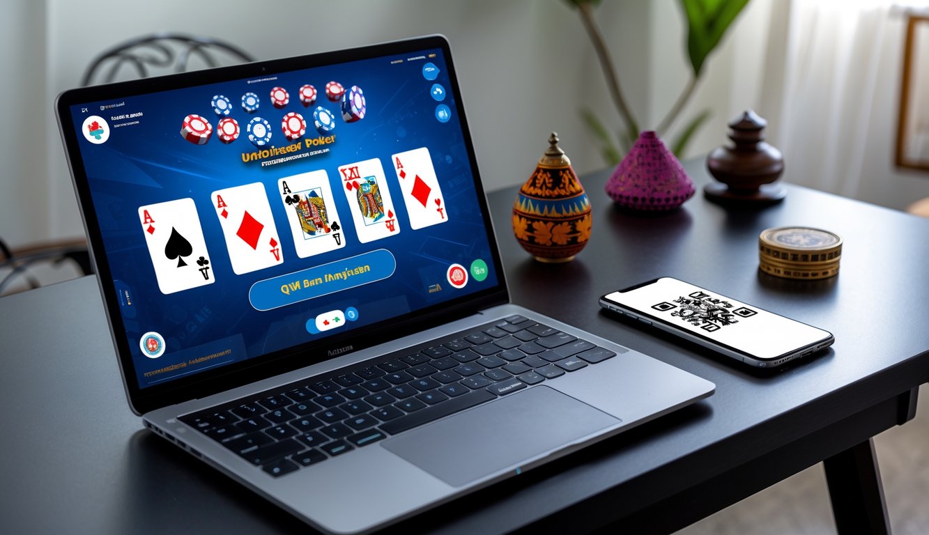 Seseorang bermain poker online menggunakan laptop dan smartphone dengan kode QR di meja kerja yang rapi.