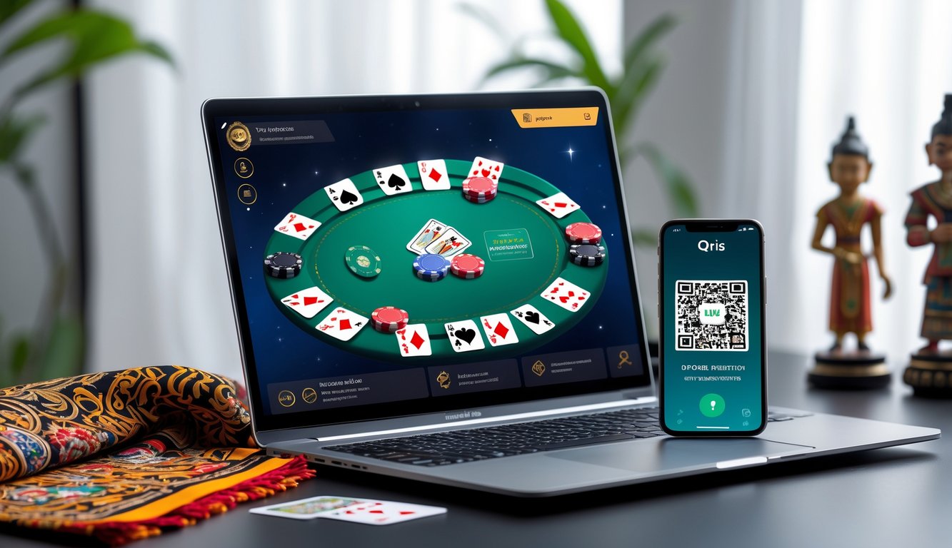 Seorang pemain poker online menggunakan laptop dengan layar menampilkan permainan poker dan ponsel yang menampilkan kode QRIS di atas meja kerja yang rapi dengan hiasan budaya Indonesia.