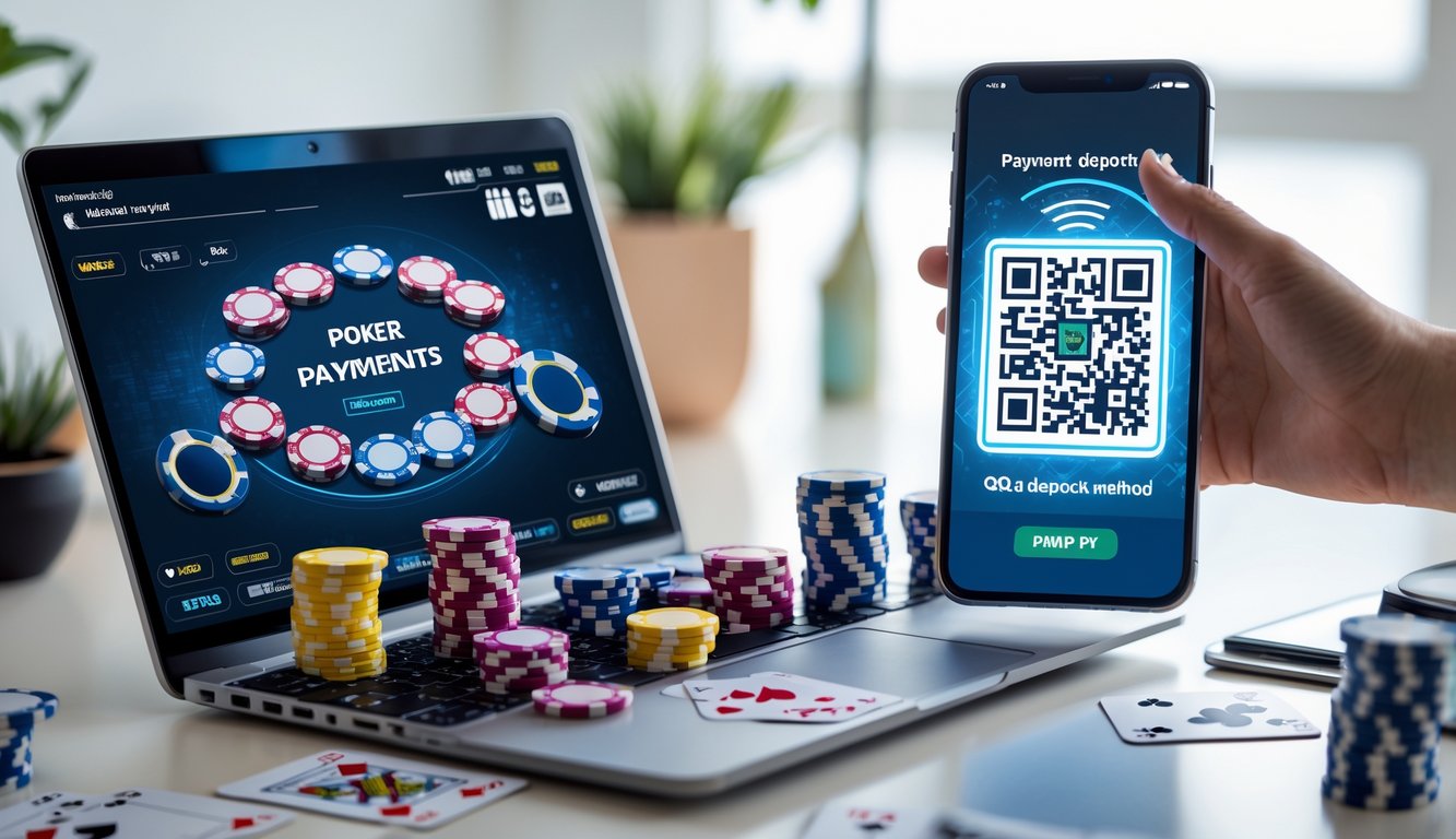 Seorang pemain poker online menggunakan laptop dan ponsel dengan kode QR untuk pembayaran di meja kerja yang rapi.