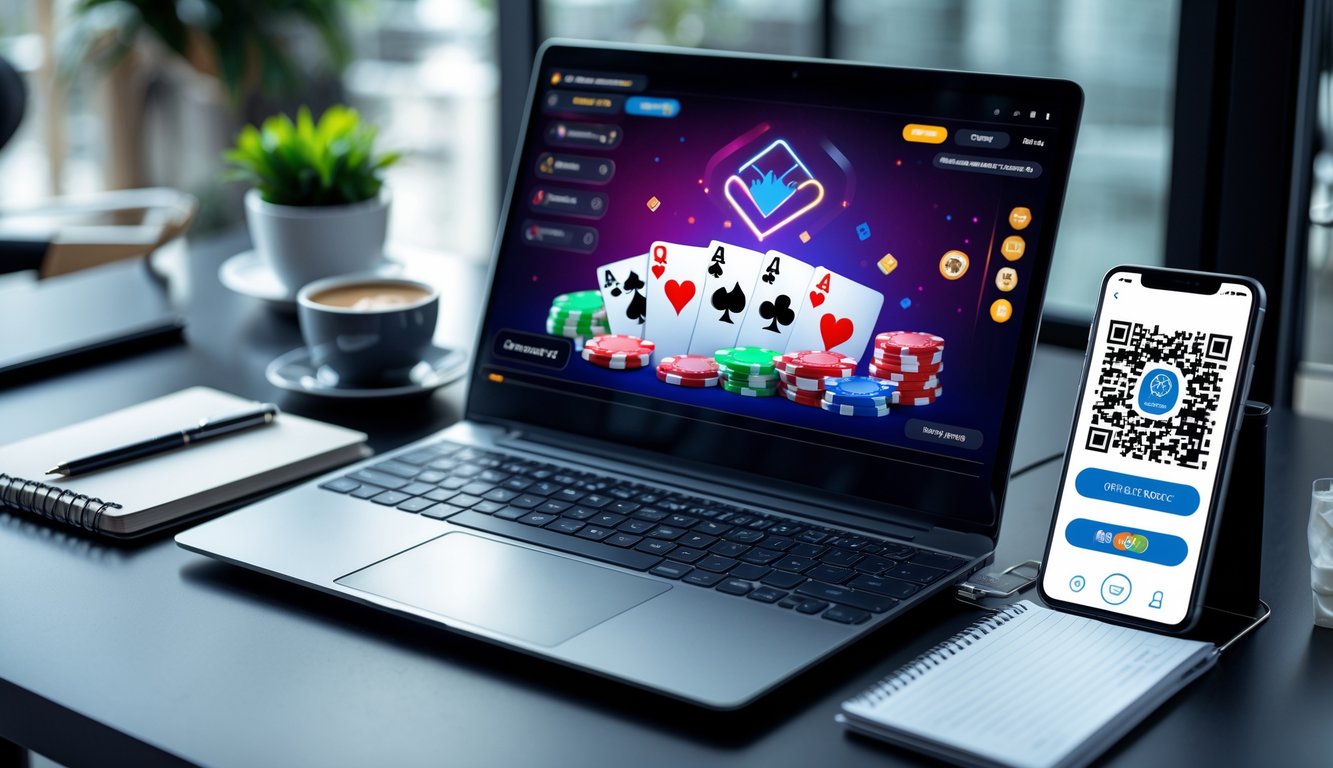 Sebuah laptop menampilkan permainan poker online dengan kartu dan chip, di sampingnya ponsel menampilkan kode QR untuk pembayaran.