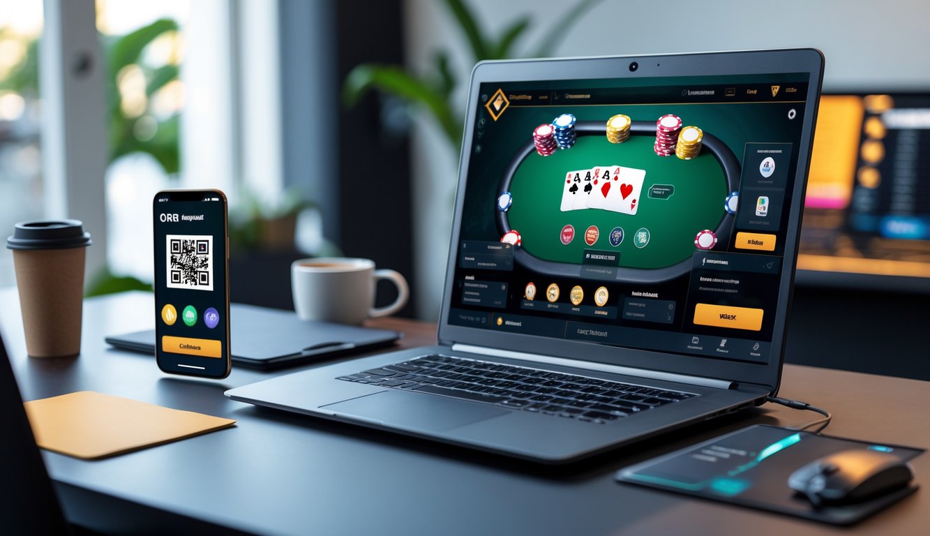 Seseorang bermain poker online di depan komputer dengan ponsel menampilkan kode QR untuk pembayaran.