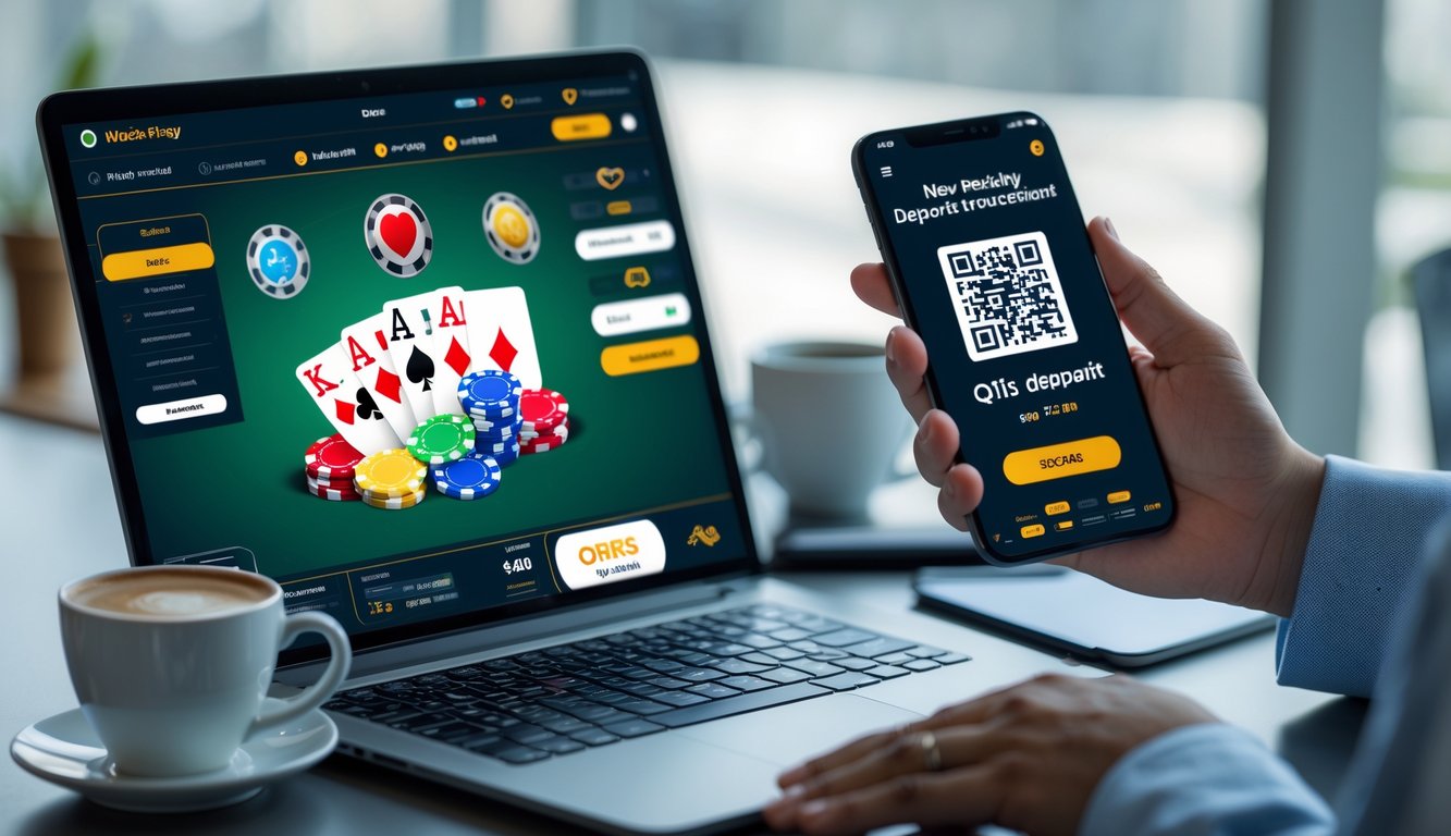 Seseorang menggunakan smartphone untuk melakukan pembayaran QRIS sambil bermain poker online di laptop.