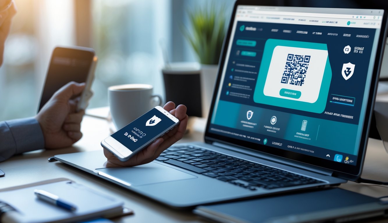 Seseorang menggunakan laptop dan smartphone di meja kerja dengan tampilan situs poker online dan kode QR untuk pembayaran.