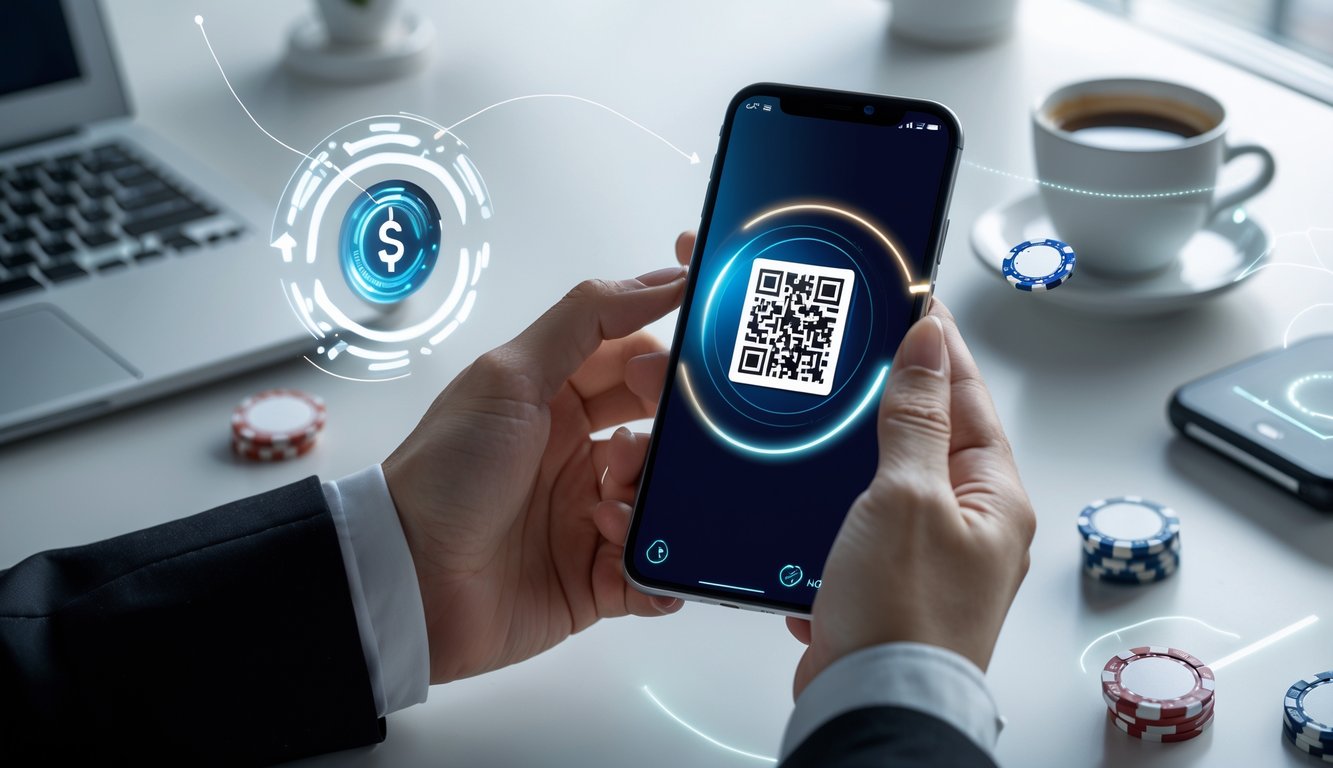 Seseorang memegang ponsel dengan kode QR di layar, dikelilingi oleh chip poker dan laptop di meja kerja.