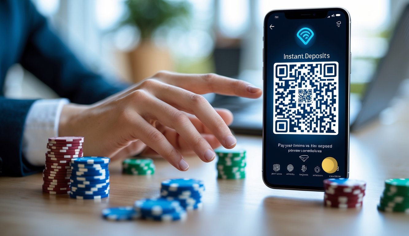 Seseorang memegang ponsel yang menampilkan kode QR untuk transaksi instan dengan latar belakang chip poker dan kartu remi.