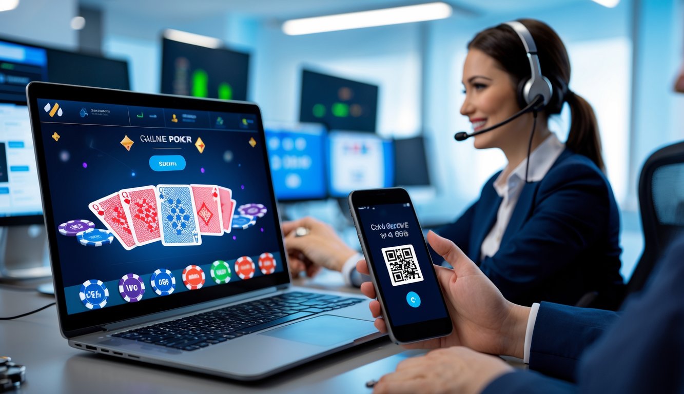 Seorang perwakilan layanan pelanggan dengan headset membantu pemain poker online yang menggunakan laptop dan smartphone untuk melakukan deposit melalui kode QR.