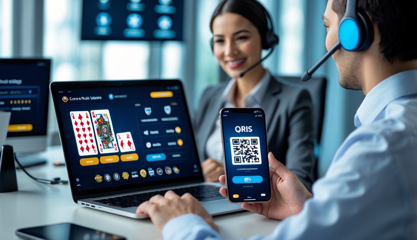 Seseorang menggunakan laptop dengan permainan poker online dan smartphone menampilkan kode QRIS, dengan petugas layanan pelanggan memakai headset di latar belakang.