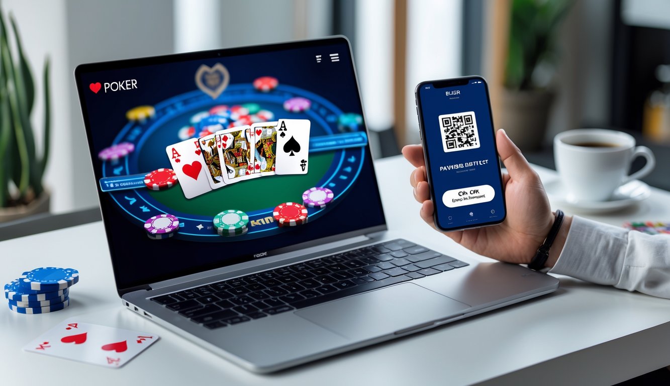 Seorang pemain poker online menggunakan laptop dan ponsel dengan kode QR di meja kerja yang rapi dan terang.