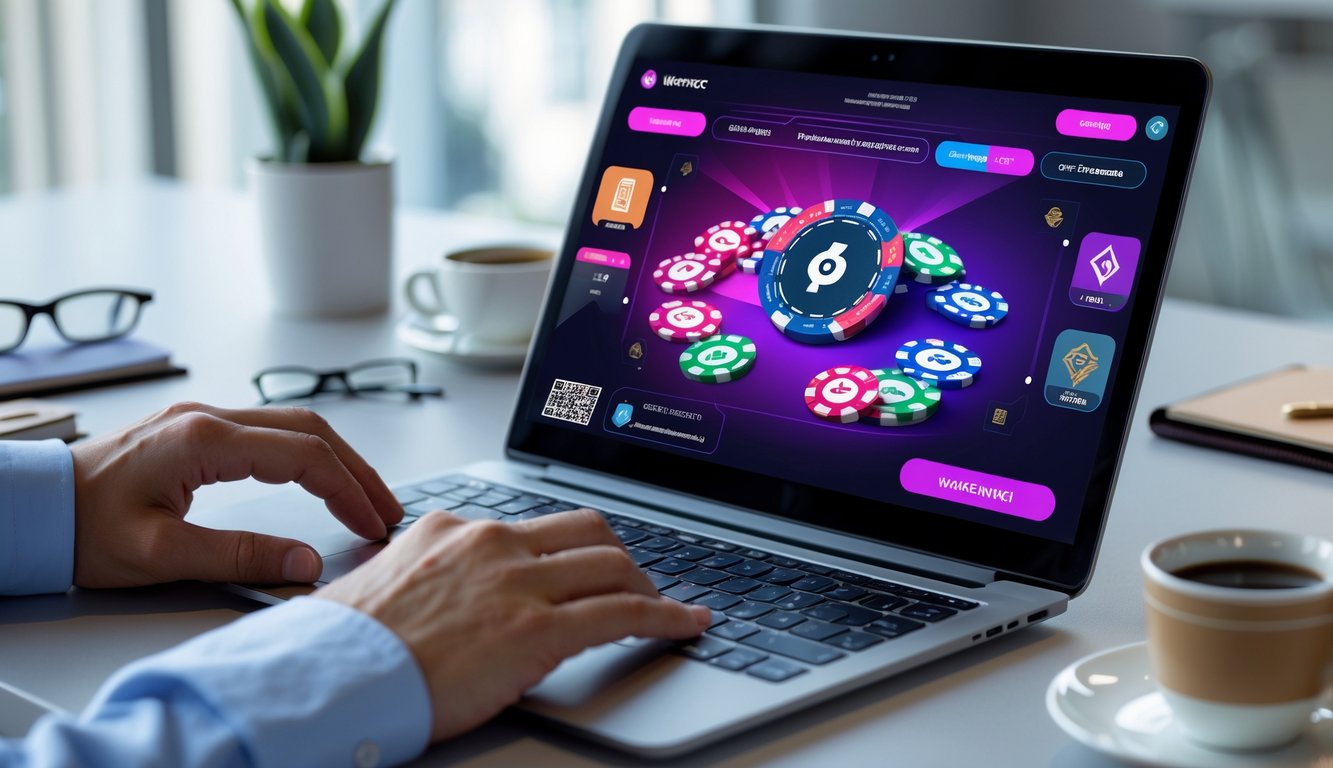 Layar perangkat menampilkan permainan poker online dengan chip dan kartu, serta kode QR untuk pembayaran digital di meja kerja yang rapi.