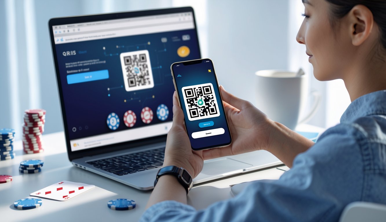 Seorang pemain muda sedang menggunakan ponsel untuk melakukan deposit QRIS saat bermain poker online di laptop.