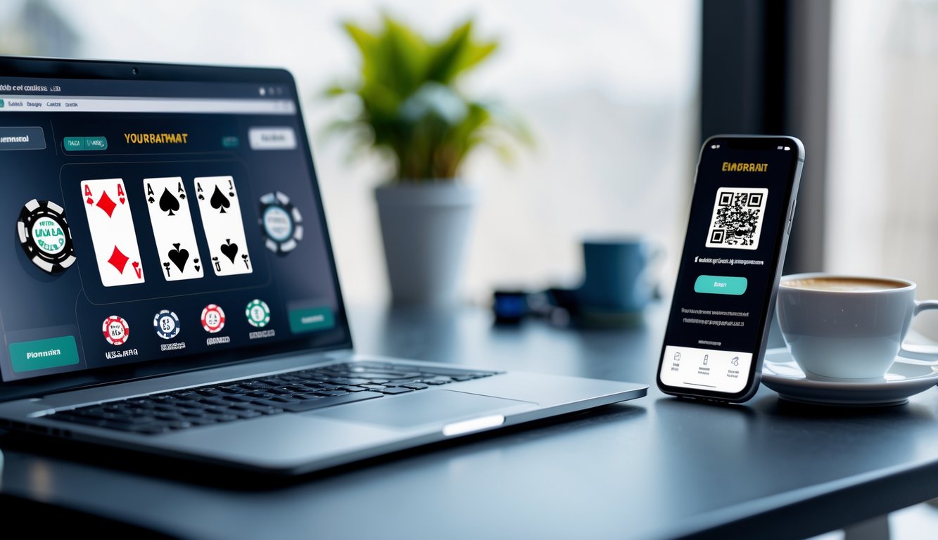 Meja kerja dengan laptop yang menampilkan permainan poker online, ponsel dengan kode QR, dan secangkir kopi di sampingnya.