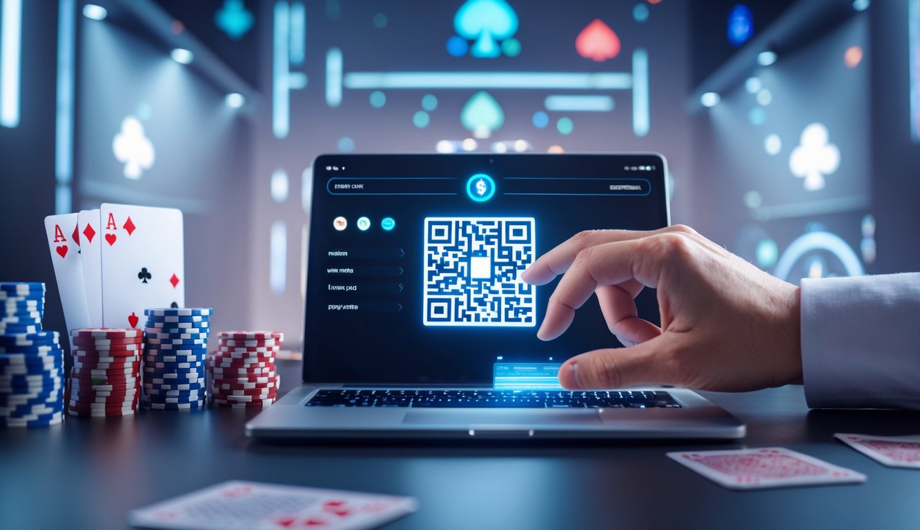Tangan memegang smartphone dengan kode QR di layar, dikelilingi oleh chip poker dan kartu bermain di atas meja.