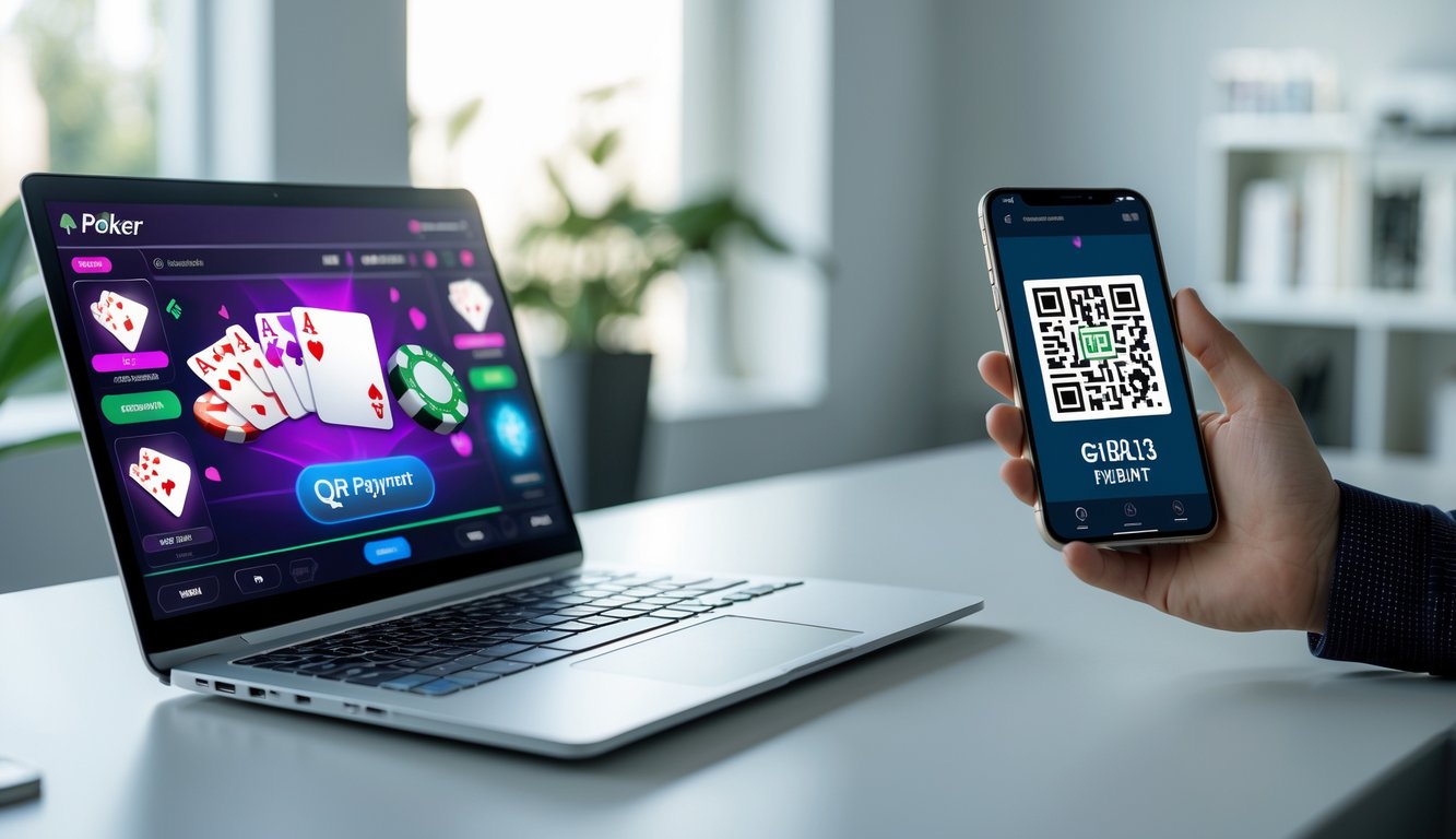 Seseorang menggunakan ponsel untuk memindai kode QR di samping layar yang menampilkan permainan poker online.