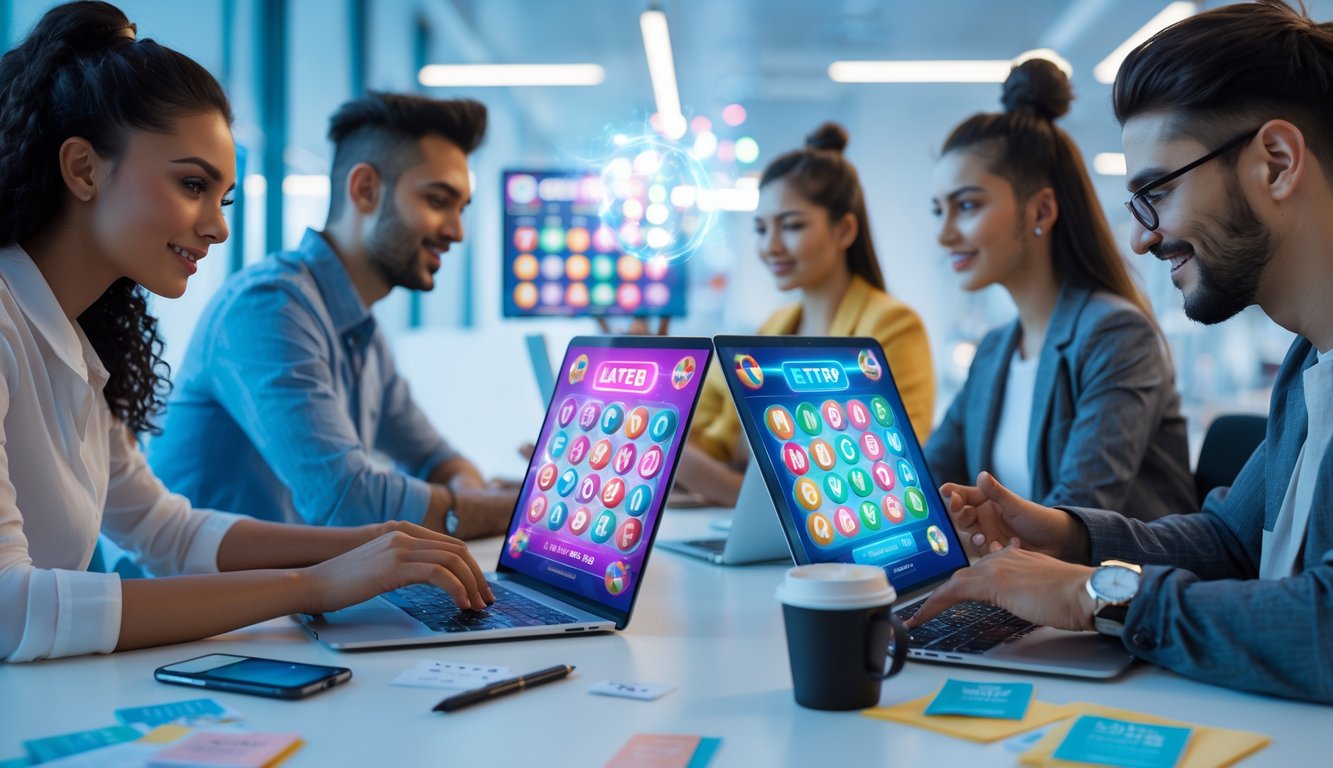 Sekelompok orang muda sedang menggunakan laptop dan ponsel di ruang kerja modern, fokus bermain togel online dengan suasana serius dan bersemangat.