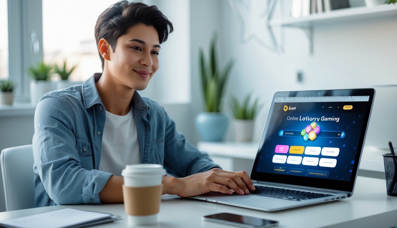 Seorang dewasa muda duduk di meja modern dengan laptop terbuka, melihat situs judi togel online, di ruang kerja rumah yang terang dan rapi.