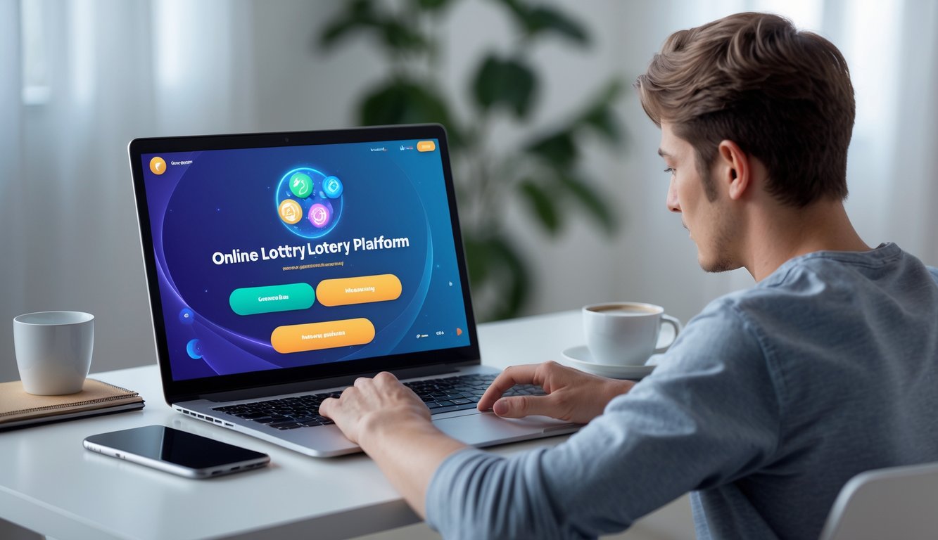 Seorang pria muda menggunakan laptop di meja dengan latar belakang ruangan yang terang dan rapi.