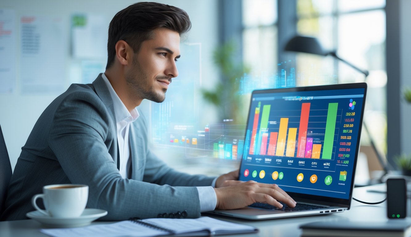 Seorang pria muda duduk di meja kerja modern dengan laptop yang menampilkan grafik dan angka, di ruangan kantor yang terang dan rapi.