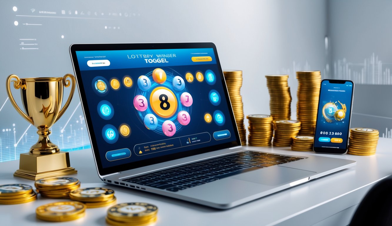 Sebuah meja kerja dengan laptop yang menampilkan antarmuka permainan togel online, dikelilingi oleh trofi emas, tumpukan uang, dan ponsel yang menunjukkan aplikasi taruhan aman.