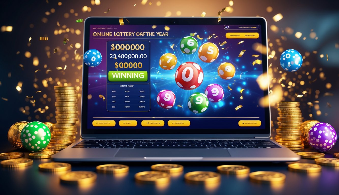 Seorang pengguna sedang bermain lotere online di laptop dengan koin emas dan bola lotere di sekitar meja.
