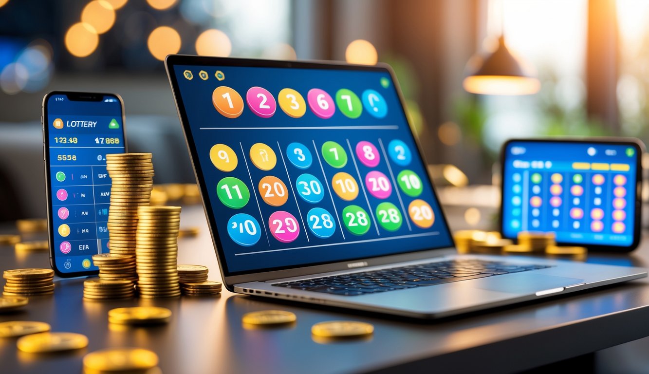 Meja kerja modern dengan laptop yang menampilkan angka togel dan jackpot, dikelilingi oleh koin dan ponsel dengan aplikasi togel.