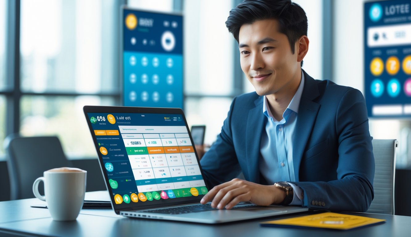 Seorang pria muda Asia duduk di meja kantor modern menggunakan laptop dengan grafik dan angka undian, terlihat fokus dan tersenyum.