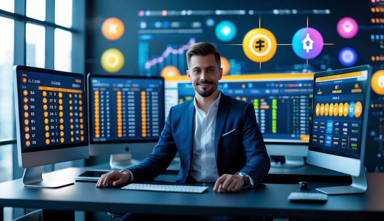 Seorang profesional duduk di depan beberapa layar komputer yang menampilkan angka togel dan grafik, dalam suasana teknologi modern.