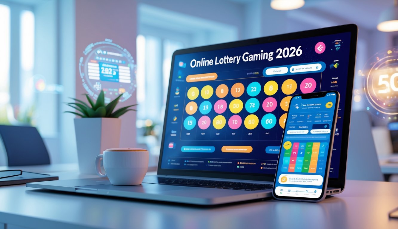 Sebuah meja kerja modern dengan laptop dan ponsel yang menampilkan antarmuka permainan togel online, ditemani secangkir kopi di lingkungan kantor yang terang dan bersih.