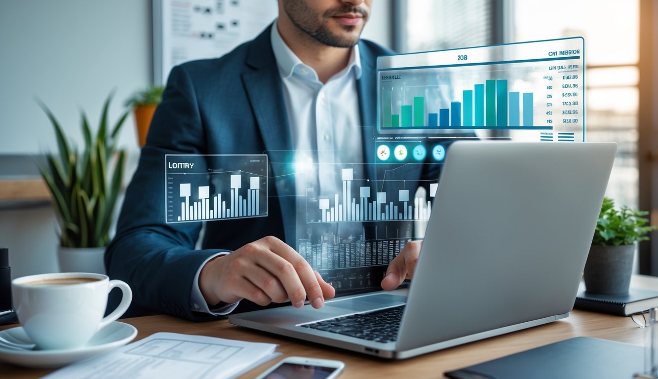 Seorang profesional sedang menganalisis data di laptop dalam kantor modern dengan grafik di layar digital di sekitarnya.