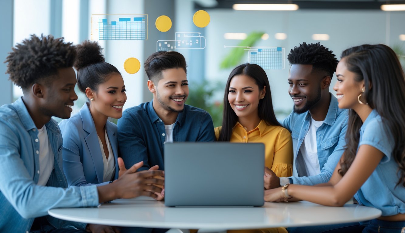 Sekelompok orang muda sedang berdiskusi dengan laptop di ruang kantor modern yang terang.