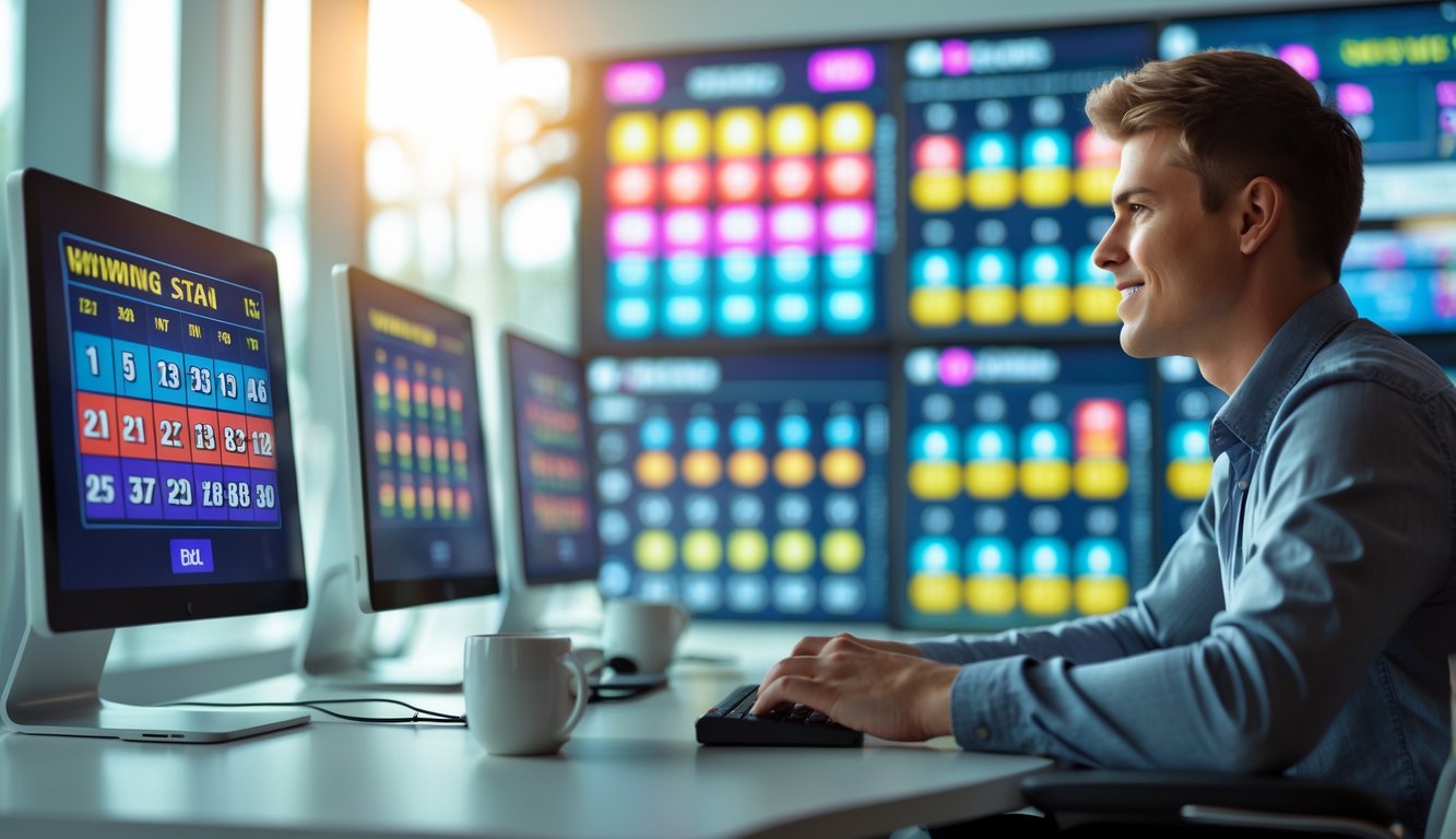 Seorang pria muda duduk di depan beberapa layar komputer yang menampilkan angka togel dan grafik kemenangan dalam suasana ruangan modern.