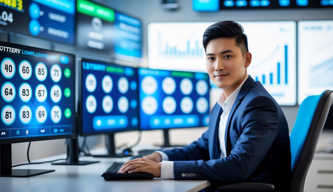 Seseorang duduk di depan komputer dengan layar menampilkan angka dan grafik pembayaran cepat dalam suasana kantor modern.