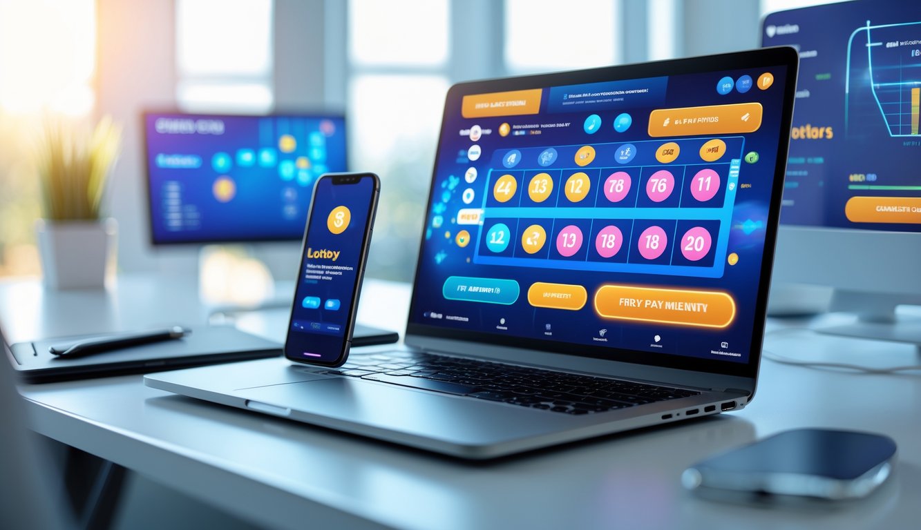 Seorang pengguna mengakses situs togel online di laptop dengan notifikasi pembayaran cepat di ponsel di meja kerja yang rapi.