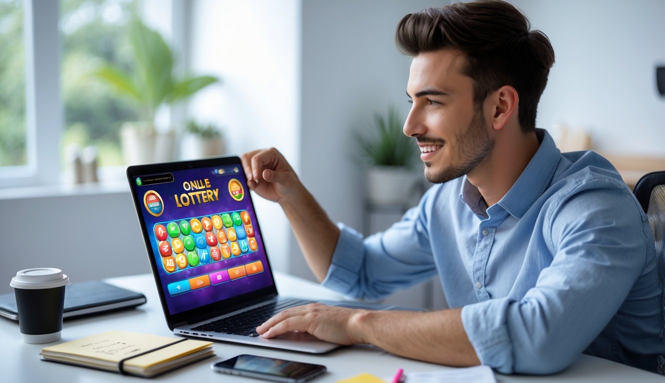 Seorang pria muda duduk di meja modern sambil fokus melihat layar laptop dengan tampilan permainan togel online di ruang kerja yang terang dan rapi.