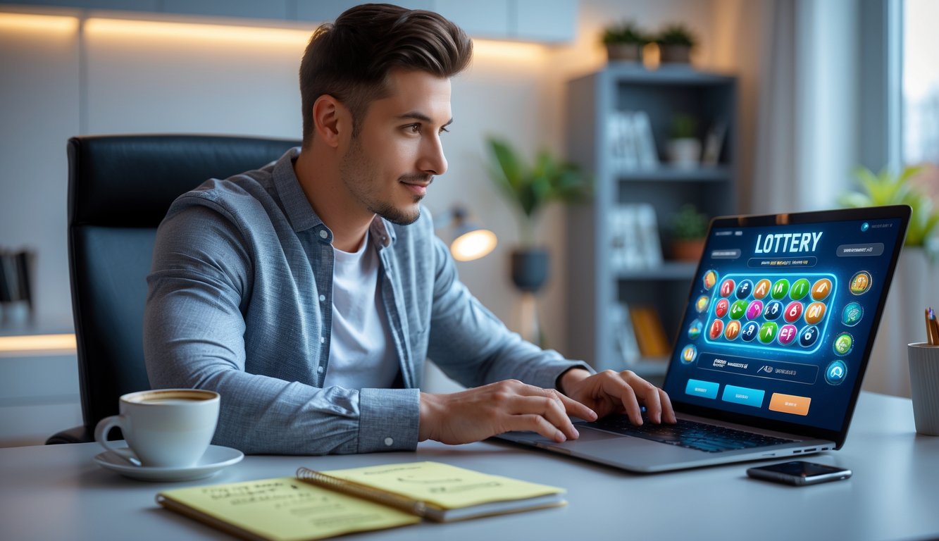 Seorang pria muda duduk di meja dengan laptop, fokus pada layar yang menampilkan permainan lotere online, di ruang kerja yang rapi dan terang.