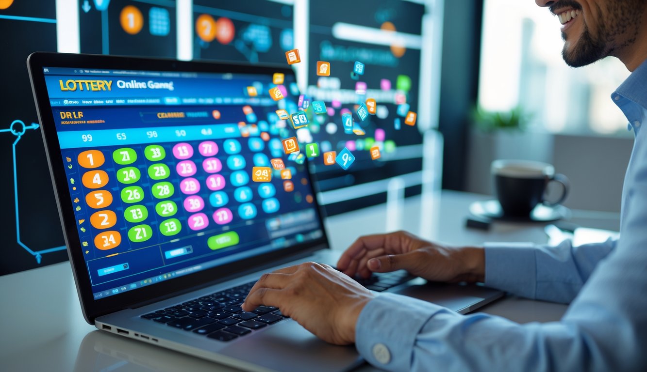 Seorang pemain dewasa sedang menggunakan laptop dengan antarmuka permainan togel online yang berwarna-warni di meja kerja yang rapi.